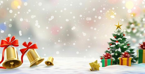 Merry christmas greeting with bells ribbon bow and green Christmas tree next to gift boxes on a colorful background, copy space for text Christmas greeting card. Merry Christmas attractive background 