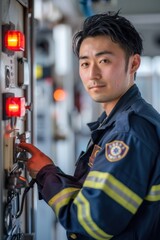 Fototapeta premium Portrait of a Japanese firefighter testing fire alarms in a building, high quality photo, photorealistic, focused expression, bright lighting