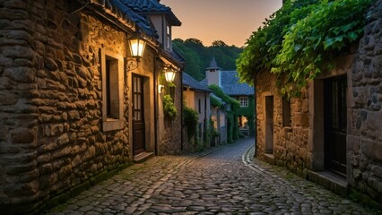 Fototapeta premium A picturesque cobblestone street in a tranquil village with charming stone houses, illuminated street lamps, and lush greenery, perfect for a peaceful evening stroll.