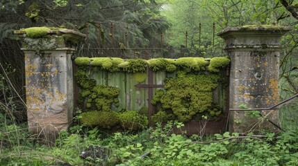 Naklejka premium Overgrown Gate in a Lush Forest - A weathered gate, covered in moss, stands tall in a lush forest, offering a glimpse into an abandoned past.