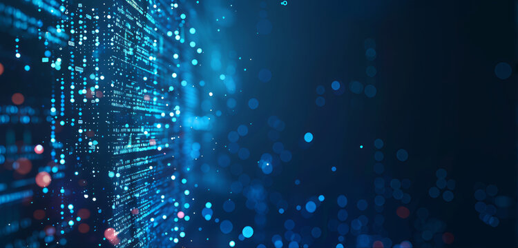 Fundo abstrato com linhas e quadrados digitais hologr&aacute;ficos brilhantes em um fundo azul escuro. Conceito de tecnologia digital, transfer&ecirc;ncia de dados de conex&atilde;o de rede de internet no estilo ia