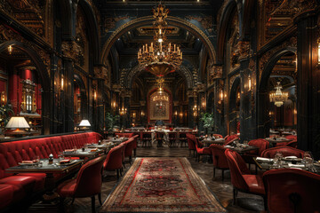 Luxurious richly decorated restaurant interior in dark