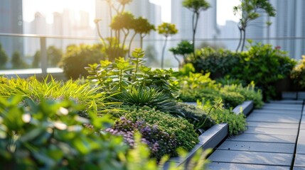 Fototapeta premium A lush green garden with a walkway in the middle. The walkway is surrounded by a variety of plants and flowers, creating a peaceful and serene atmosphere. The sunlight illuminates the garden