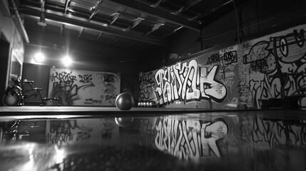 Cinematic, Calisthenics, gym, wall graffiti,  black and white 