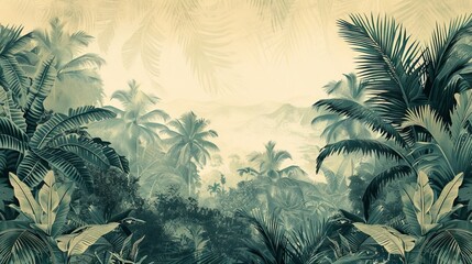 A serene panorama unfolds with a lush jungle stretching towards misty mountains under a canopy of tropical foliage.