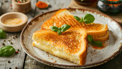 Mozzarella in Carrozza Golden Grilled Cheese Sandwiches closeup in the plate on the table