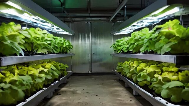 Indoor Hydroponic Farm with LED Lights and Growing Plants