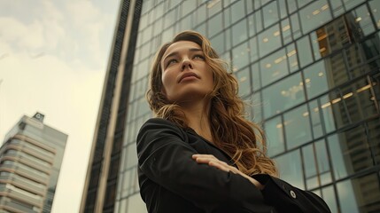 Fototapeta premium Confident young woman standing in front of a modern glass office building looking upwards.