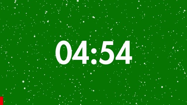 5 Minutes Countdown Timer White Number on a Green Background, Snow falling