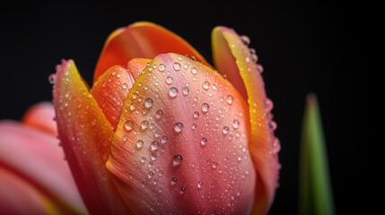 detailed close-up of tulip flower with water droplets black background