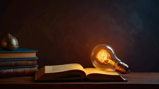 There is a glowing light bulb on top of an open book. There is a stack of closed books next to it on the left.