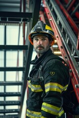 Fototapeta premium Portrait of a European firefighter conducting a ladder drill at a fire station, high detail, photorealistic, energetic atmosphere, well-lit setting