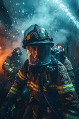 Fototapeta premium Portrait of an American firefighter team performing a mock rescue at a fire station, high quality photo, photorealistic, energetic atmosphere, studio lighting
