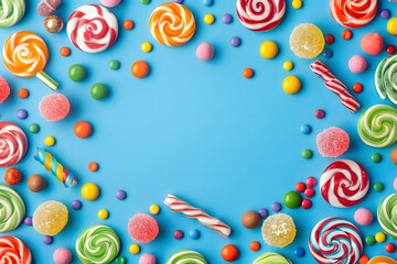 Colorful lollipops and candies on a blue background with copy space for text. A flat lay style top view.