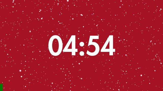 5 Minutes Countdown Timer White Number on a Red Background, Snow falling