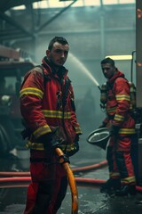 Fototapeta premium Portrait of a European firefighter team cleaning fire equipment in a fire station, high detail, photorealistic, collaborative mood, studio lighting