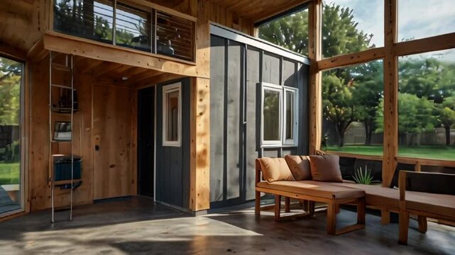 Modern Tiny House Interior with Large Windows, Wooden Walls, a Loft, and a Comfortable Seating Area