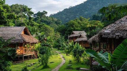 Path leads to a village of small wooden houses with thatched roofs. The houses are surrounded by lush green trees and a jungle-like atmosphere