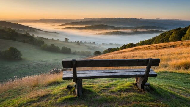 A wooden bench overlooking a serene, foggy mountain landscape at sunrise, perfect for tranquil moments, contemplation, and nature appreciation.