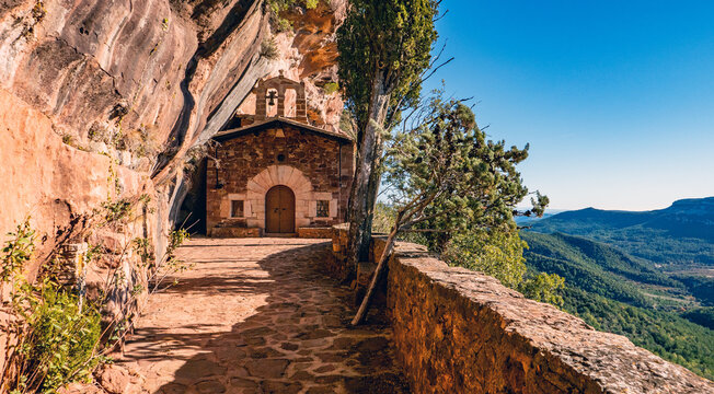Prades, Catalonia, Spain - November 19, 2023: Ermita de l'Abellera (Abellera Hermitage)