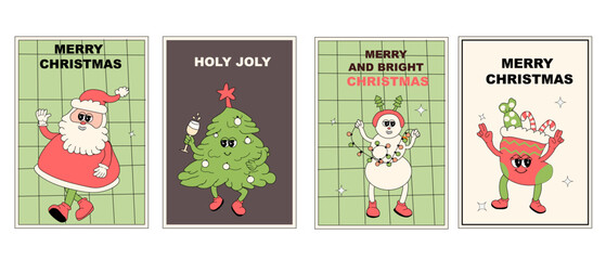Vertical xmas banner with groovy character. Christmas groovy character with y2k elements poster or greeting card. Happy New Year and Christmas Template in retro style.