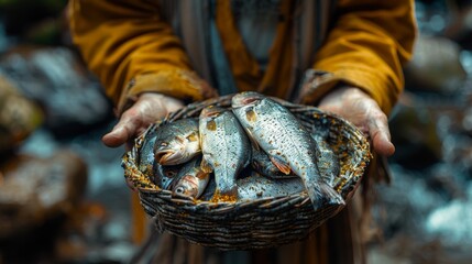 Jesus holding a basket with fish and bread. Biblical-themed artwork featuring fish and bread