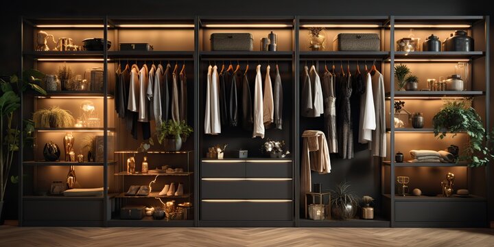 AI Generated. AI Generative. Modern elegant expensive design indoor architecture wardrobe in dark brown wood colors. House background living room. Graphic Art