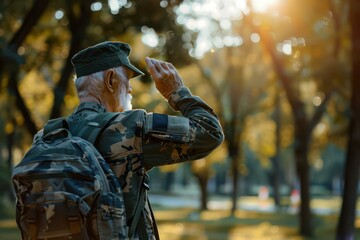Elderly Veteran Saluting in Sunlit Park - Military Tribute Photography