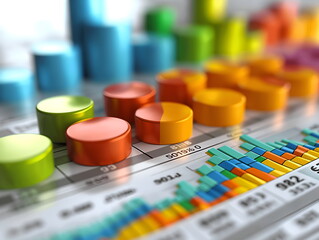Abstract business pie and bar charts made from 3D colored parts. Business pie chart graphics. AI generated