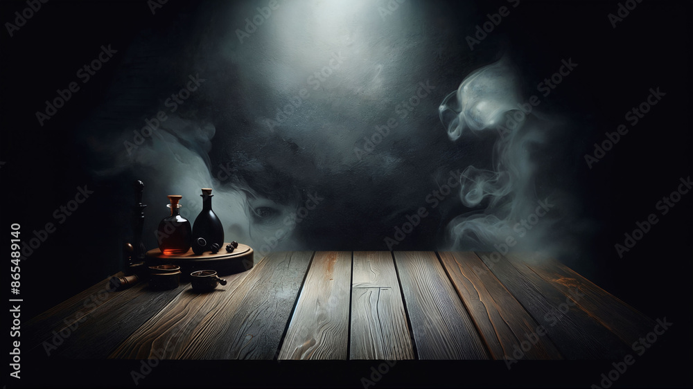 Poster dark background with empty wood table and smoke, spot light from top, for product display