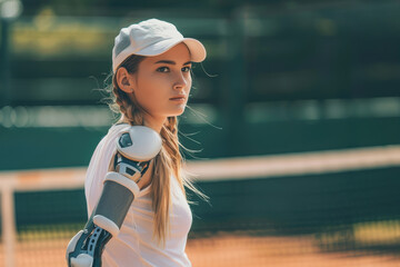 Young female athlete with a prosthetic arm stands on a tennis court, her determined gaze emphasizing her strength and resilience.