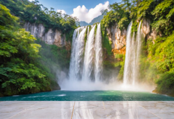 Fototapeta premium empty marble and waterfall mountain. ceramic floor and waterfall mountain nature background.