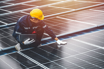 Professional Engineer Service Solar Panel. Worker Maintenance Cleaning Replacing Solar Panel. Solar photovoltaic panel system in Industry roof. Saving Energy with Clean Power.