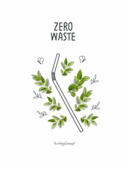 Hand drawn cartoon sketch of paper straw with green leaves. Zero waste and Sustainable lifestyle. Think Green. Plastic free Ecological poster.