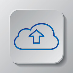 Upload simple icon vector. Flat design. Paper cut design. Cutted blue symbol with shadow. Gray badge button, gray background