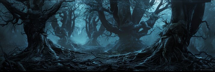 Dark scary forest, ancient trees with gnarled roots, ghostly figures peeking from behind trunks