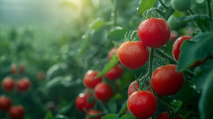 Dew-kissed tomatoes glow with ripeness on the vine, bathed in soft morning light.