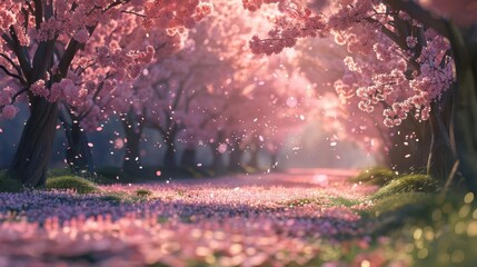 A picturesque scene of flowering cherry blossoms on ornamental trees with petals gently falling