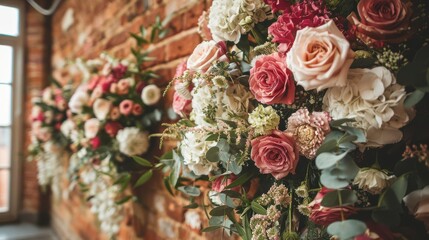 Fototapeta premium A striking floral display at a wedding venue, with tall arrangements of fresh roses, hydrangeas, and eucalyptus leaves