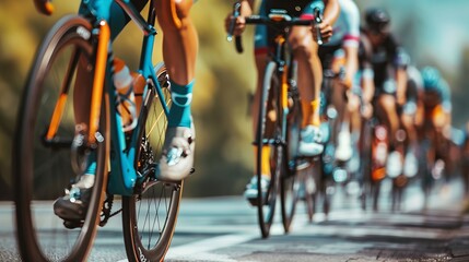 Close-up of a group of cyclists with professional racing sports gear riding on an open road cycling route.