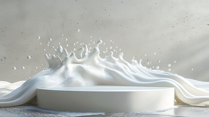Round podium for product display, with liquid milk flowing around the podium, with a liquid texture effect and splashes of white cream around the podium.