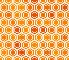 Hexagonal pattern background. Bold rounded hexagon cells with padding and inner solid cells. Orange color tones. Hexagonal cells. Seamless pattern. Tileable vector illustration.