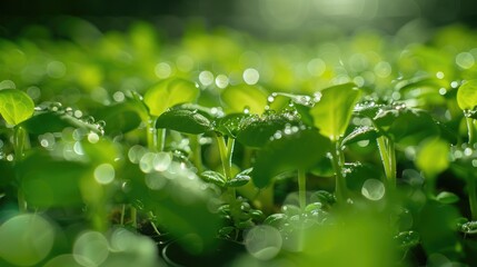 Close up image of young green sprouts in pots under lighting with water drops Locally grown crops Selective focus