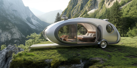 Futuristischer ovaler Wohnwagen in naher Zukunft