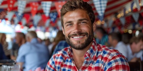 Fototapeta premium A man smiles at the camera while surrounded by festive decorations at a backyard barbecue