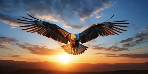 Fototapeta premium AI Generated. AI Generative. Wild american eagle bird flying in the blue air sky at golden sunset nature outdoor landscape. Graphic Art