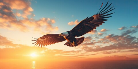 Obraz premium AI Generated. AI Generative. Wild american eagle bird flying in the blue air sky at golden sunset nature outdoor landscape. Graphic Art