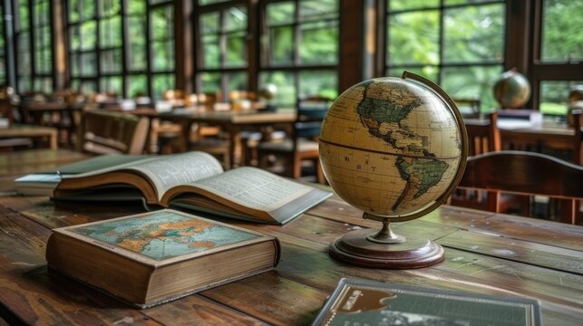 A modern educational setting with a globe, open books, and digital tablets, symbolizing the integration of traditional learning tools and advanced technology in education