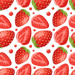 Strawberry, Sweet red fruits, cut in half, make a refreshing summer juice. Vector food illustration in realistic style. Summer time. Seamless pattern for wallpaper, fabric, wrapping, background