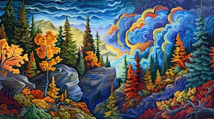 Painting trees mountain. Generative AI